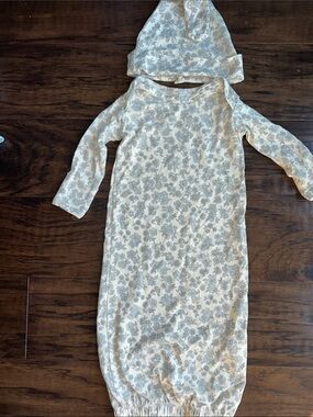 Quincy Mae Cream Baby Gown with lighth blue Floral Print and matching hat